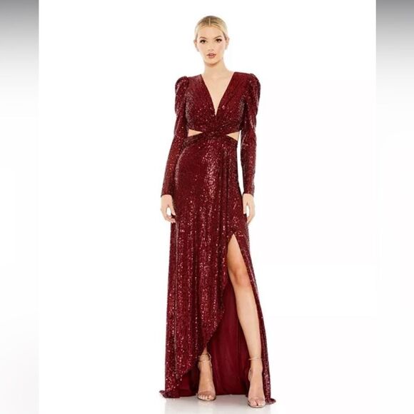 Ieena Mac Duggal Sequined Criss Cross Long Sleeve Maxi Gown in Red Sz 10 NWT - Picture 1 of 13